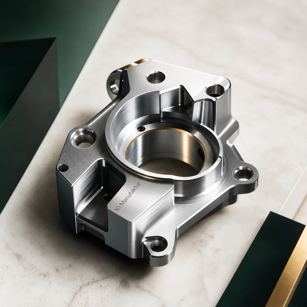 KI-generiertes Key Visual eines gebrandeten CNC-Bauteils für Maschinenbau