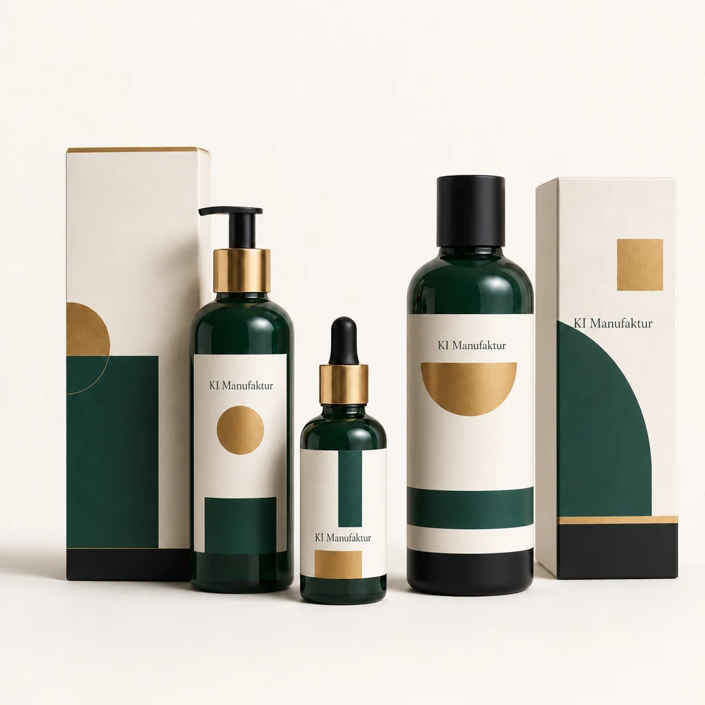 KI-generierte Packaging-Serie mit Flaschen und Etiketten